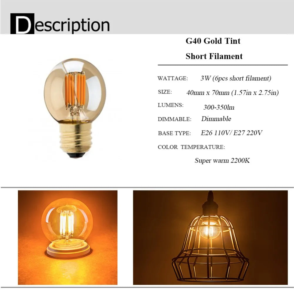 6pcs G40 E27 LED Filament Light Bulb Lamp 220V Vintage Frosted Amber Glass Ampoule Warm White String Replace Bulbs Home Decor