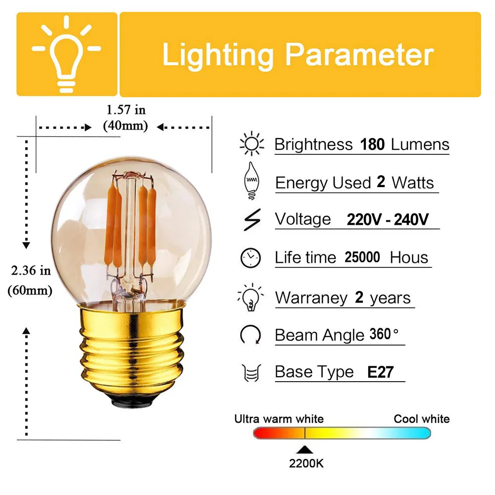 6pcs G40 E27 LED Filament Light Bulb Lamp 220V Vintage Frosted Amber Glass Ampoule Warm White String Replace Bulbs Home Decor