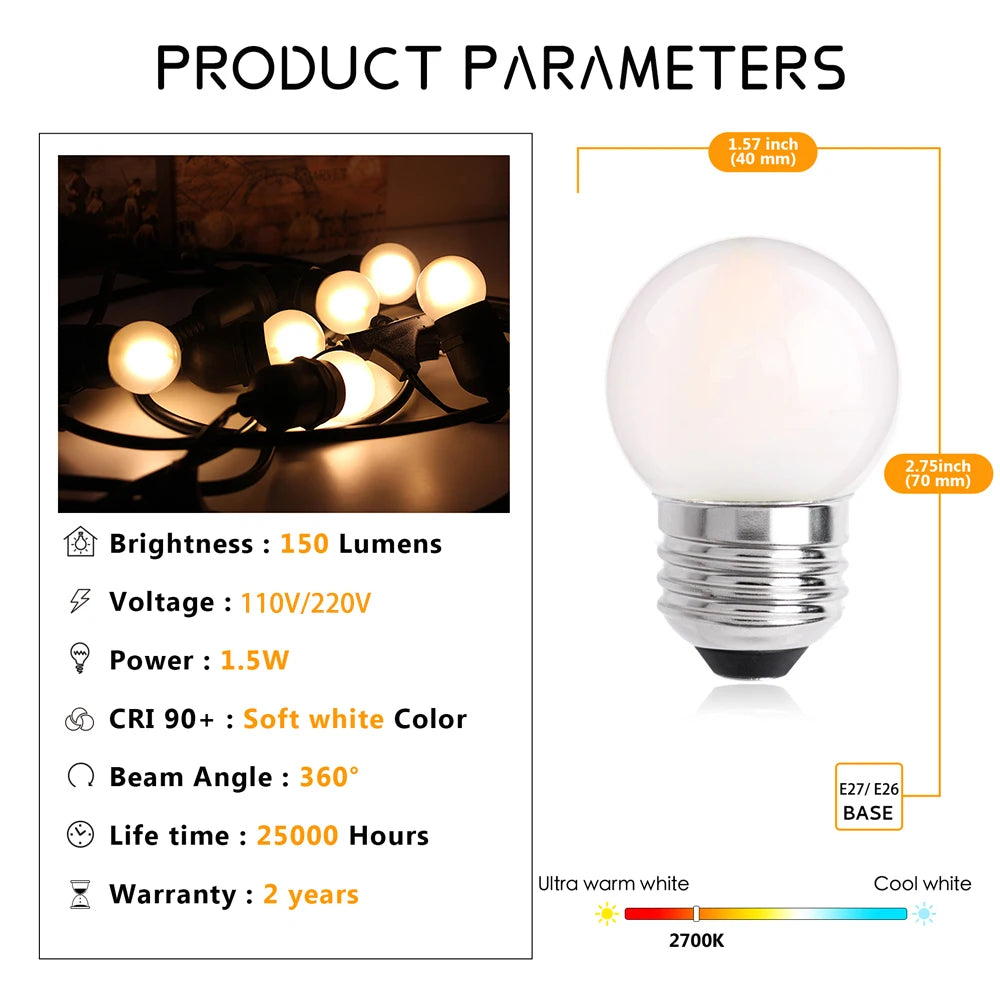 6pcs G40 E27 LED Filament Light Bulb Lamp 220V Vintage Frosted Amber Glass Ampoule Warm White String Replace Bulbs Home Decor