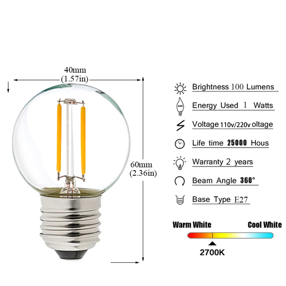 6pcs G40 E27 LED Filament Light Bulb Lamp 220V Vintage Frosted Amber Glass Ampoule Warm White String Replace Bulbs Home Decor