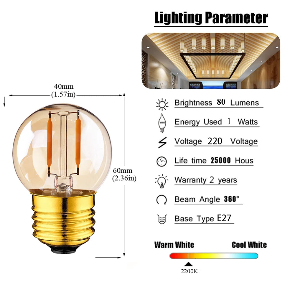 6pcs G40 E27 LED Filament Light Bulb Lamp 220V Vintage Frosted Amber Glass Ampoule Warm White String Replace Bulbs Home Decor