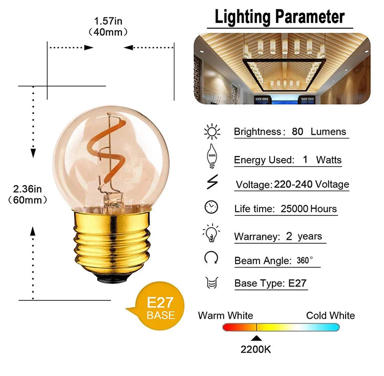6pcs G40 E27 LED Filament Light Bulb Lamp 220V Vintage Frosted Amber Glass Ampoule Warm White String Replace Bulbs Home Decor