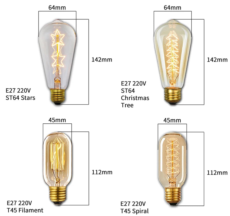 Retro Edison Light Bulb E27 110V 220V 40W ST64 A19 T45 G80 G95 Dimmable Ampoule Vintage Filament For Home Lamp Bulb