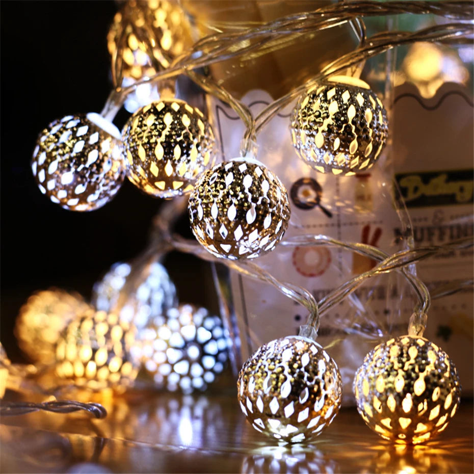 Led Light String Battery USB Power Hollow-out Moroccan Balls Garland Fairy Lights Wedding Party Christmas Decoration Lamp