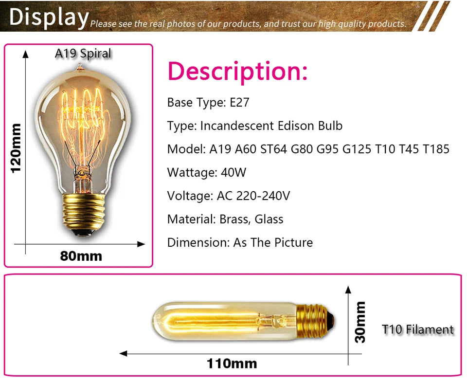 Dimmable Retro Edison Light Bulb E27 AC 220V 110V 40W Vintage Industrial Decor Filament Bulb Lamps A19 ST64 T10 T45 G80 G95 G125