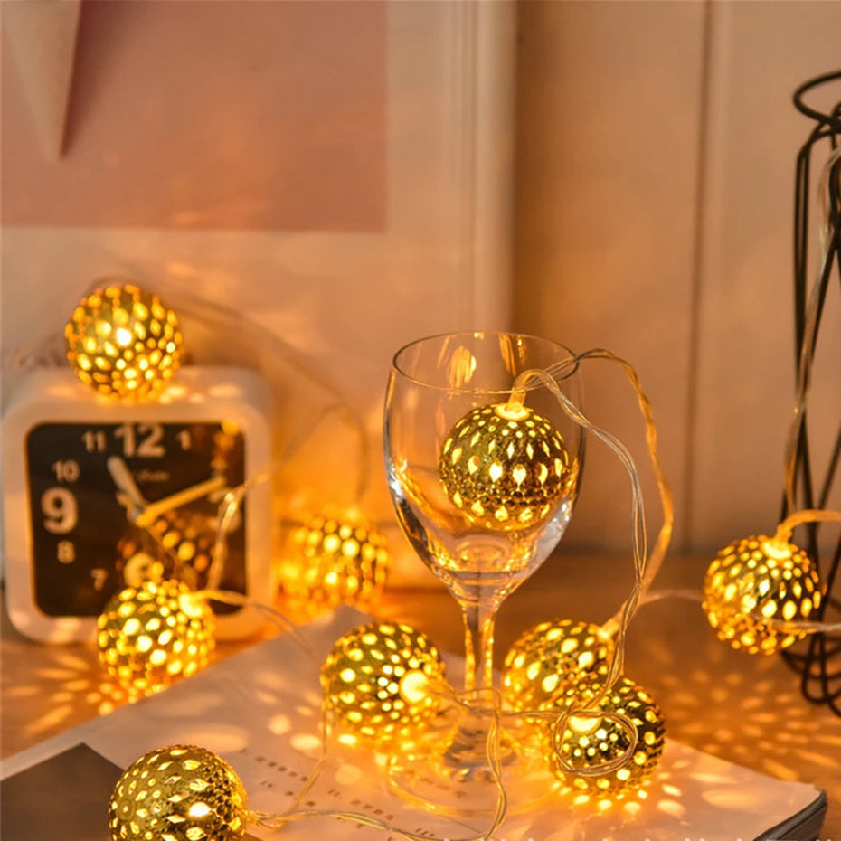 Led Light String Battery USB Power Hollow-out Moroccan Balls Garland Fairy Lights Wedding Party Christmas Decoration Lamp