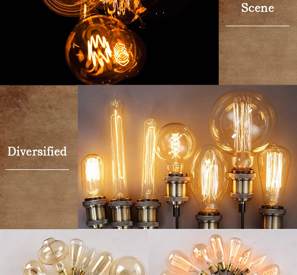 Dimmable Retro Edison Light Bulb E27 AC 220V 110V 40W Vintage Industrial Decor Filament Bulb Lamps A19 ST64 T10 T45 G80 G95 G125