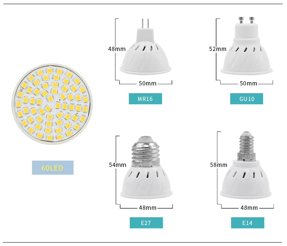 10Pcs/Lot GU10 MR16 LED Bulb E27 E14 LED Lamp AC 220V 240V 48 60 80 LEDs Spotlight Bulb Indoor Bombillas Lampada LED Spot light