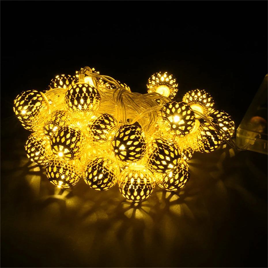 Led Light String Battery USB Power Hollow-out Moroccan Balls Garland Fairy Lights Wedding Party Christmas Decoration Lamp