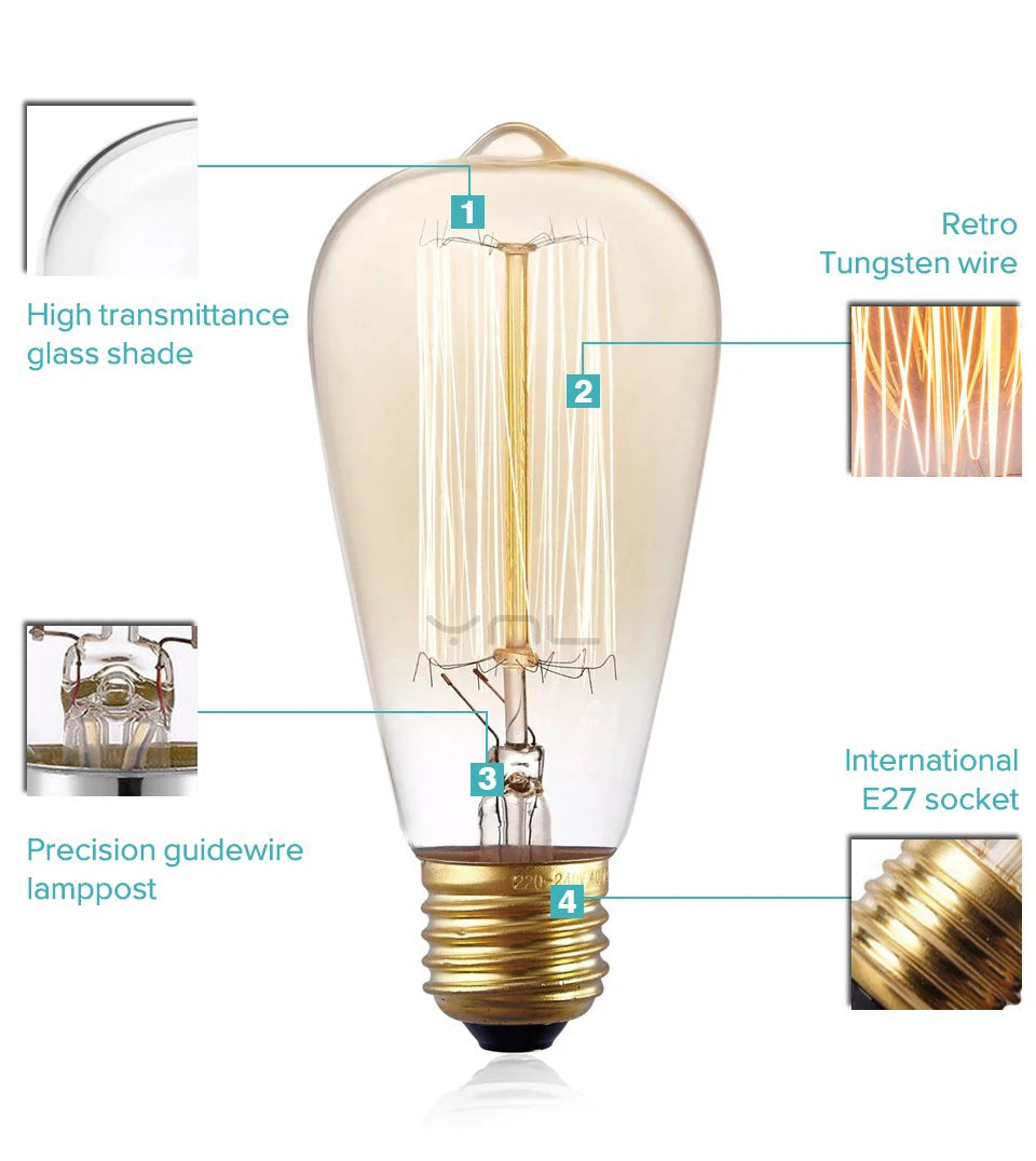 Dimmable Retro Edison Bulb E27 AC 220V 110V 40W Vintage Restaurant Industrial For Decor Indoor Lighting Bulb ST64 G80 G95 G125