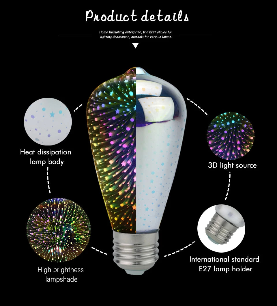 LED Light Edison Bulb 3D Decoration Bulb AC 110V 220V A60 ST64 G95 G80 G125 E27 Holiday Lights Novelty Christmas Lamp Lamparas