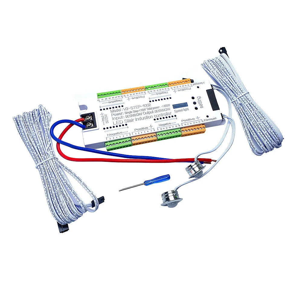 Stair PIR Motion Sensor LED Strip 12V SMD 5050 Lamp Tape + 32 Channels Staircase Step Controller + Power Supply + Connect Wire