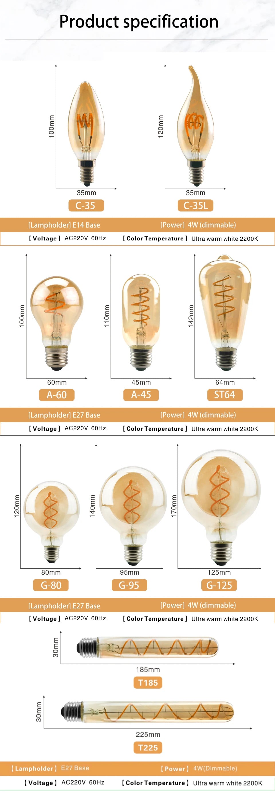 4Pcs/lot Retro Spiral Light LED Filament Bulb 220V ST64 G125 G95 G80 T45 C35 A60 4W 2200K Vintage Lamps For Decorative Lighting