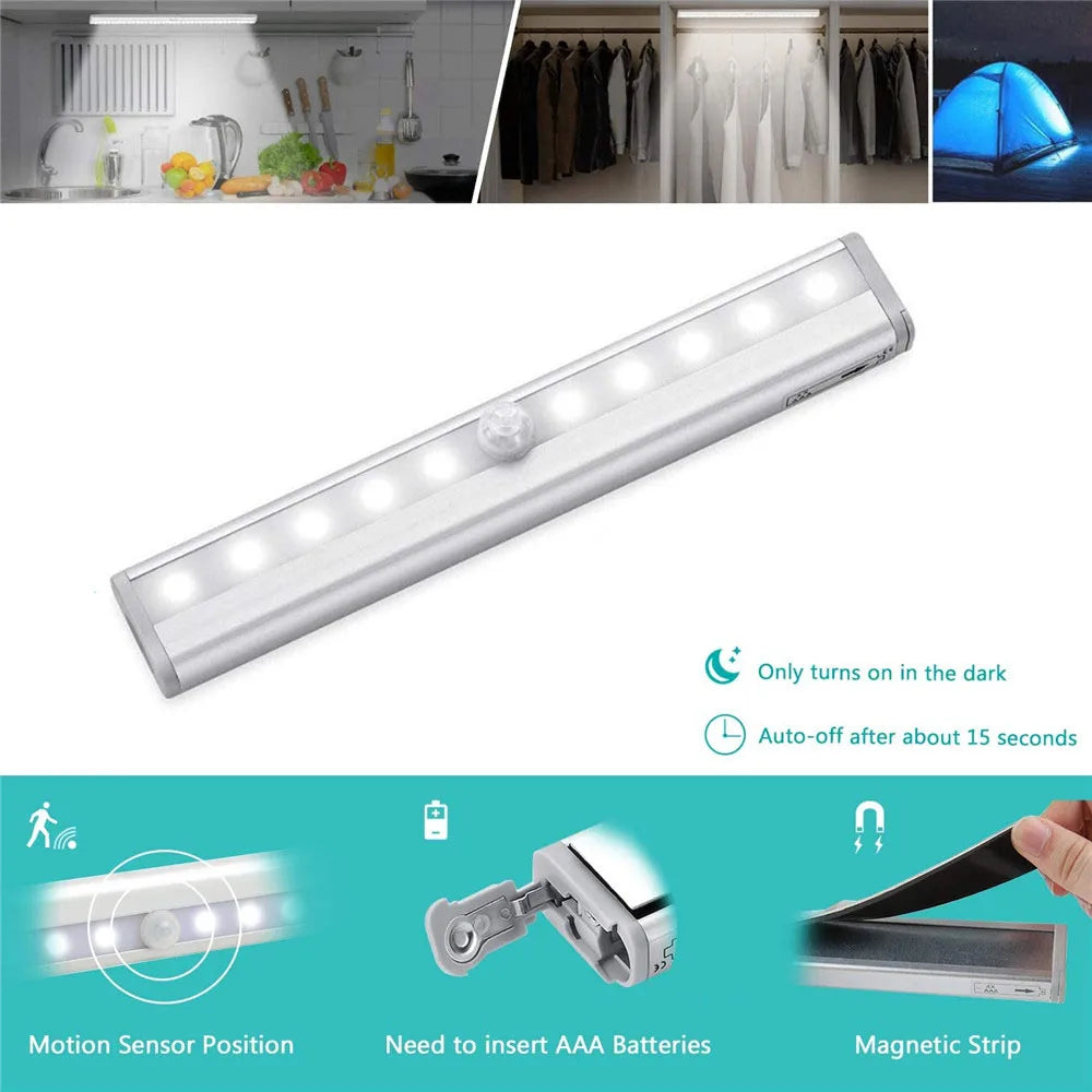 6/10 LED Induction Under Cabinet Light Motion Sensor Closet Night Lamp Battery Powered Magnetic Strip Light For Kitchen Wardrobe