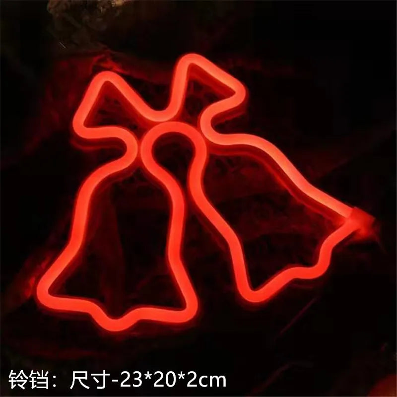 Christmas Neon Night Light Hanging Tree Decoration Lights Bells Elk Snowflake Sign Light Gift for Children USB Battery powered
