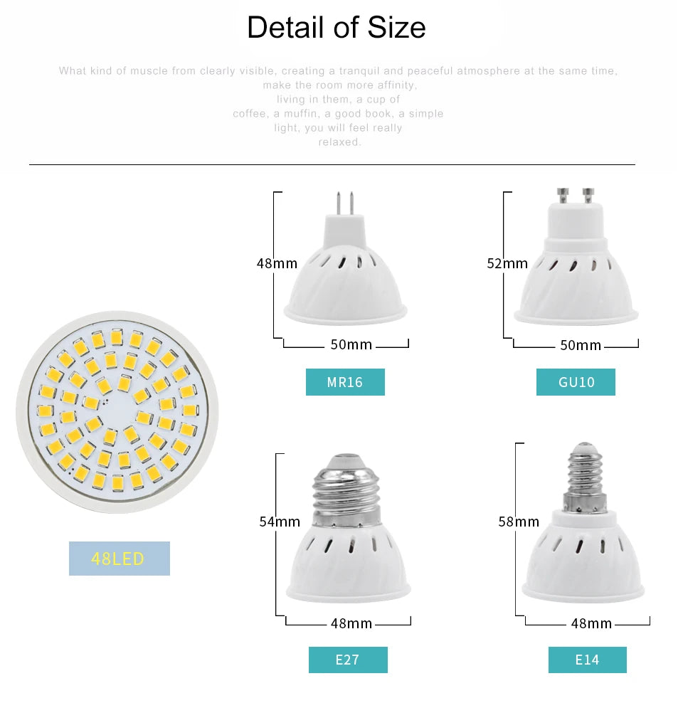 10Pcs/Lot GU10 MR16 LED Bulb E27 E14 LED Lamp AC 220V 240V 48 60 80 LEDs Spotlight Bulb Indoor Bombillas Lampada LED Spot light