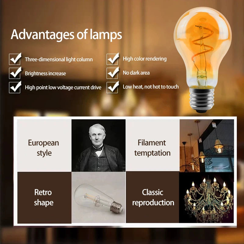 4Pcs/lot Retro Spiral Light LED Filament Bulb 220V ST64 G125 G95 G80 T45 C35 A60 4W 2200K Vintage Lamps For Decorative Lighting