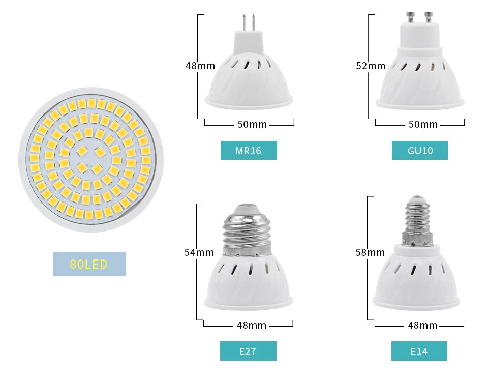 10Pcs/Lot GU10 MR16 LED Bulb E27 E14 LED Lamp AC 220V 240V 48 60 80 LEDs Spotlight Bulb Indoor Bombillas Lampada LED Spot light