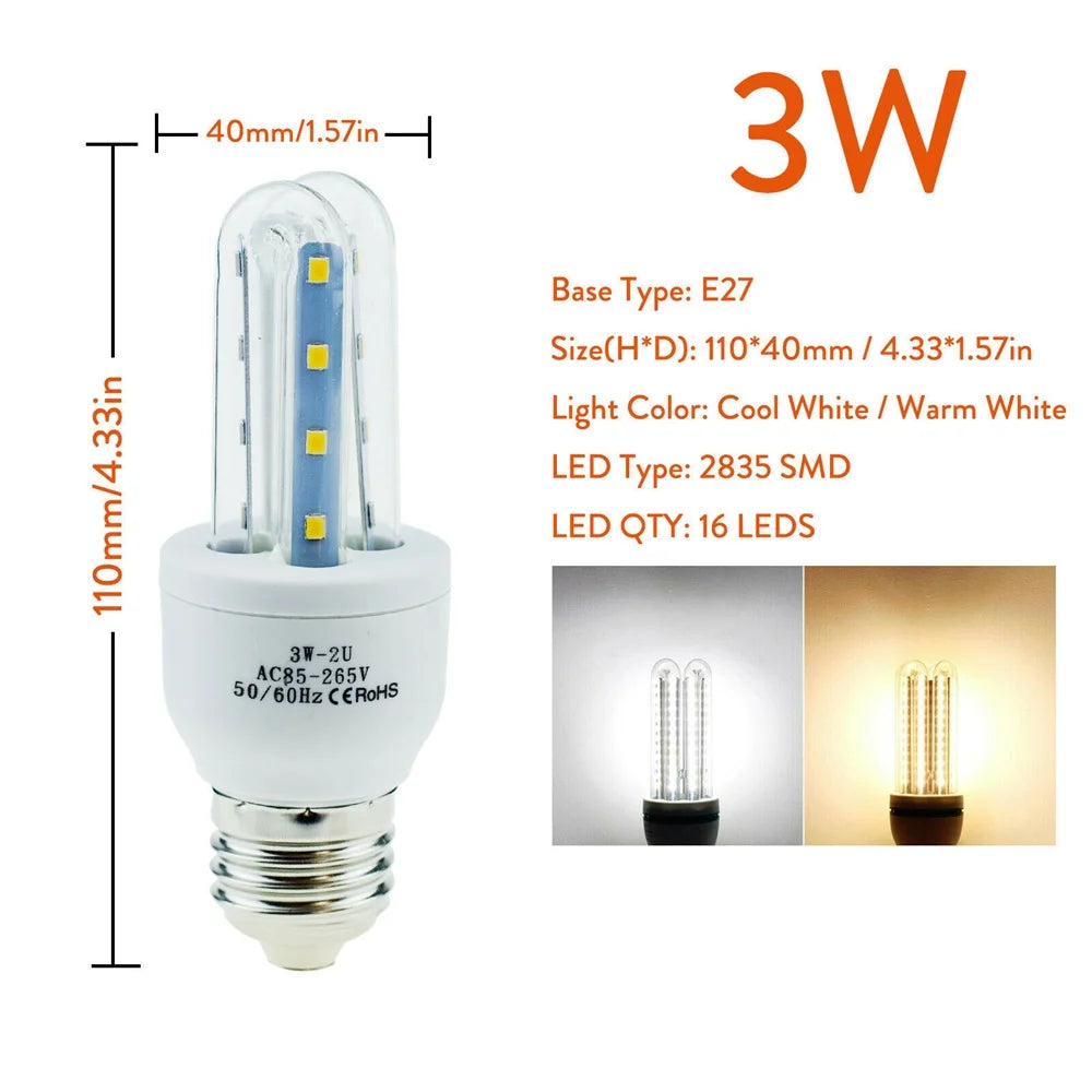 Energy Saving E27 LED Corn Light Bulbs 3W 5W 7W 9W 12W U Tube Fluorescent Neon Flood Lights 220V 110V Home Lamps 360° Lighting