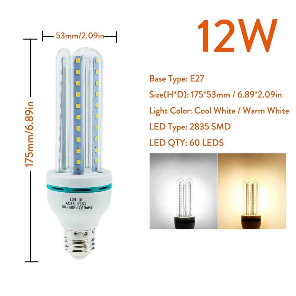 Energy Saving E27 LED Corn Light Bulbs 3W 5W 7W 9W 12W U Tube Fluorescent Neon Flood Lights 220V 110V Home Lamps 360° Lighting