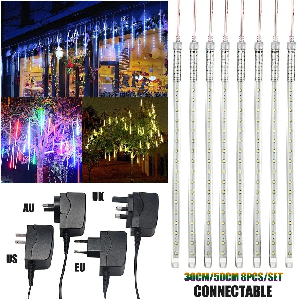 LED Meteor Shower Rain Lights Waterproof Falling Raindrop Fairy String Light for Christmas Holiday Party Patio Decor 30/50CM