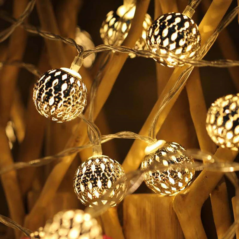 Led Light String Battery USB Power Hollow-out Moroccan Balls Garland Fairy Lights Wedding Party Christmas Decoration Lamp