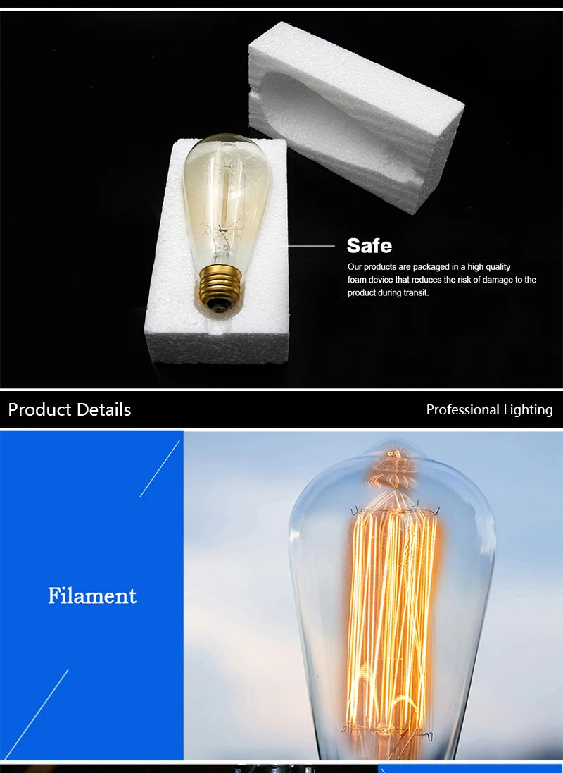 Retro Edison Light Bulb E27 110V 220V 40W ST64 A19 T45 G80 G95 Dimmable Ampoule Vintage Filament For Home Lamp Bulb