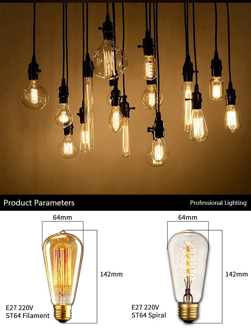 Retro Edison Light Bulb E27 110V 220V 40W ST64 A19 T45 G80 G95 Dimmable Ampoule Vintage Filament For Home Lamp Bulb