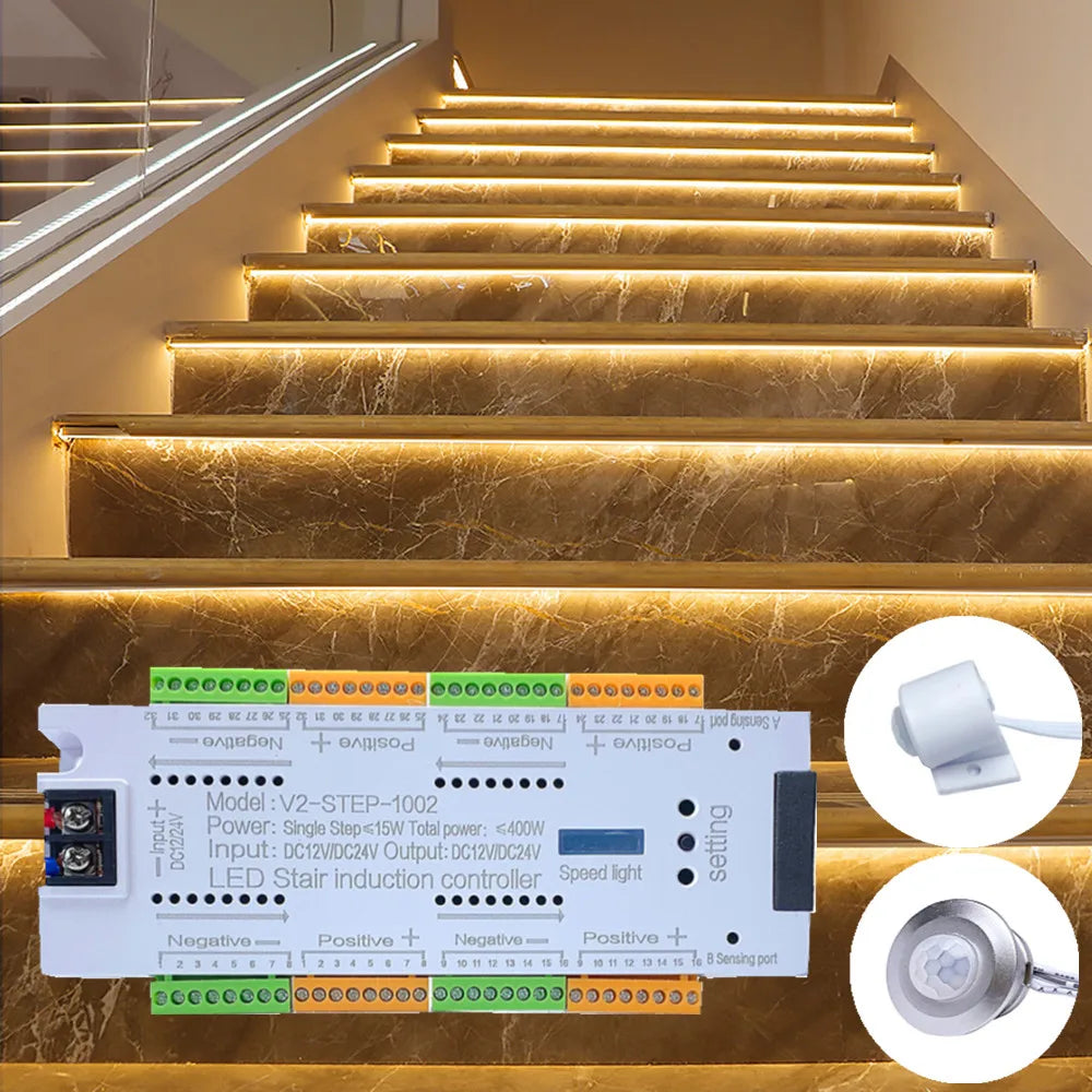 Stair PIR Motion Sensor LED Strip 12V SMD 5050 Lamp Tape + 32 Channels Staircase Step Controller + Power Supply + Connect Wire