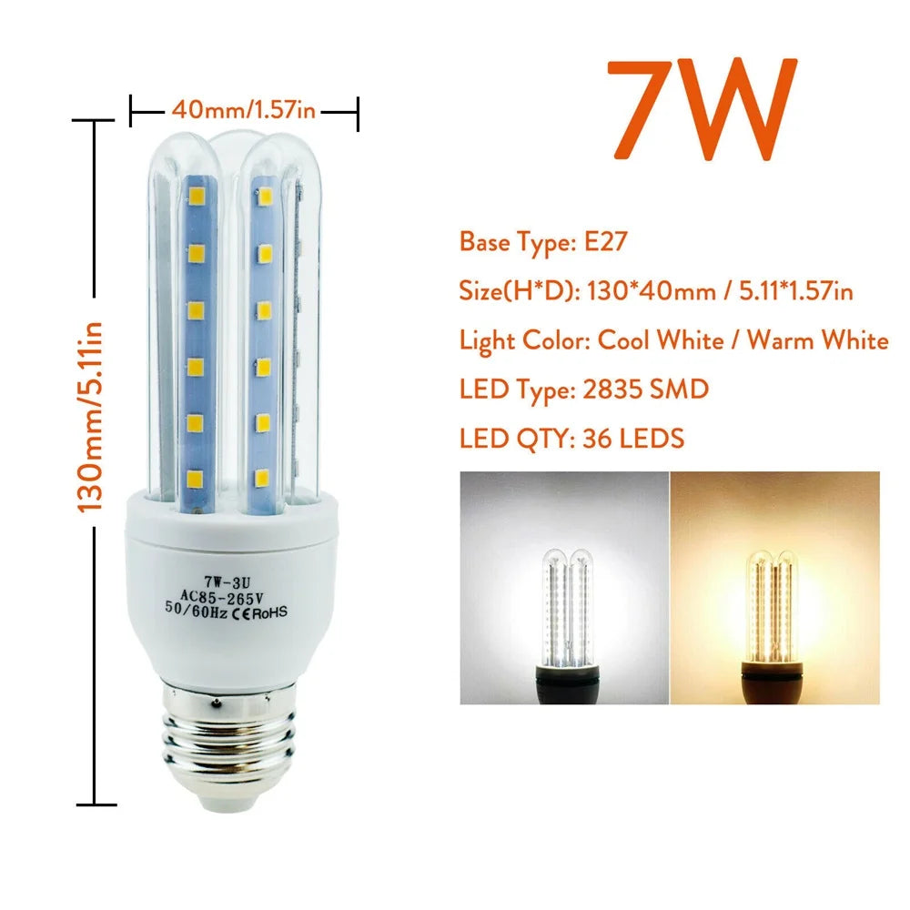 Energy Saving E27 LED Corn Light Bulbs 3W 5W 7W 9W 12W U Tube Fluorescent Neon Flood Lights 220V 110V Home Lamps 360° Lighting