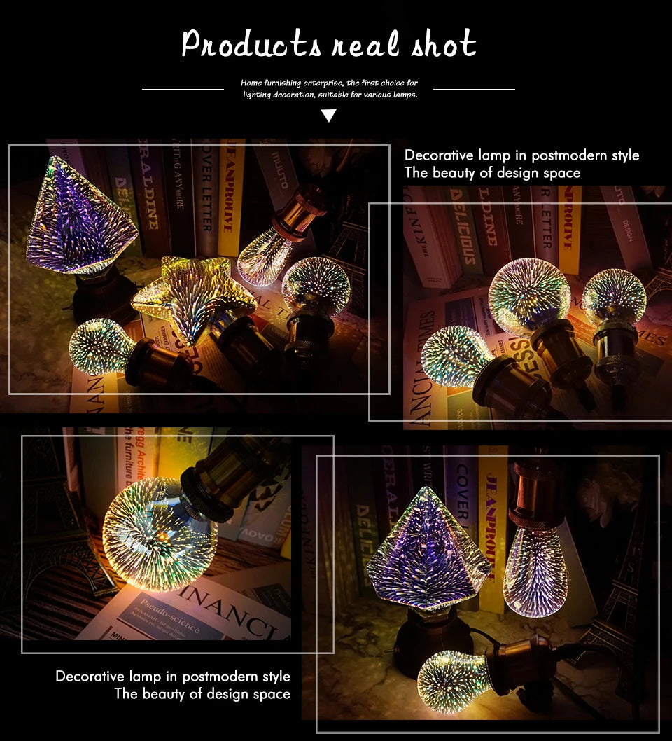 LED Light Edison Bulb 3D Decoration Bulb AC 110V 220V A60 ST64 G95 G80 G125 E27 Holiday Lights Novelty Christmas Lamp Lamparas