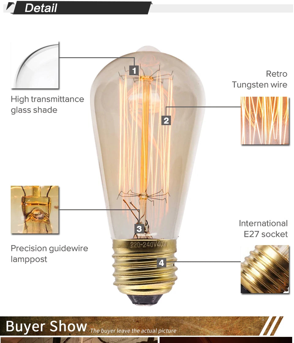 Dimmable Retro Edison Light Bulb E27 AC 220V 110V 40W Vintage Industrial Decor Filament Bulb Lamps A19 ST64 T10 T45 G80 G95 G125