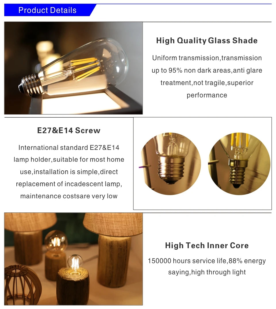 LED Filament Bulb E27 E14 Retro Edison Lamp 220V-240V Light Bulb C35 G45 A60 ST64 G80 G95 G125 Glass Bulb Vintage Candle Light