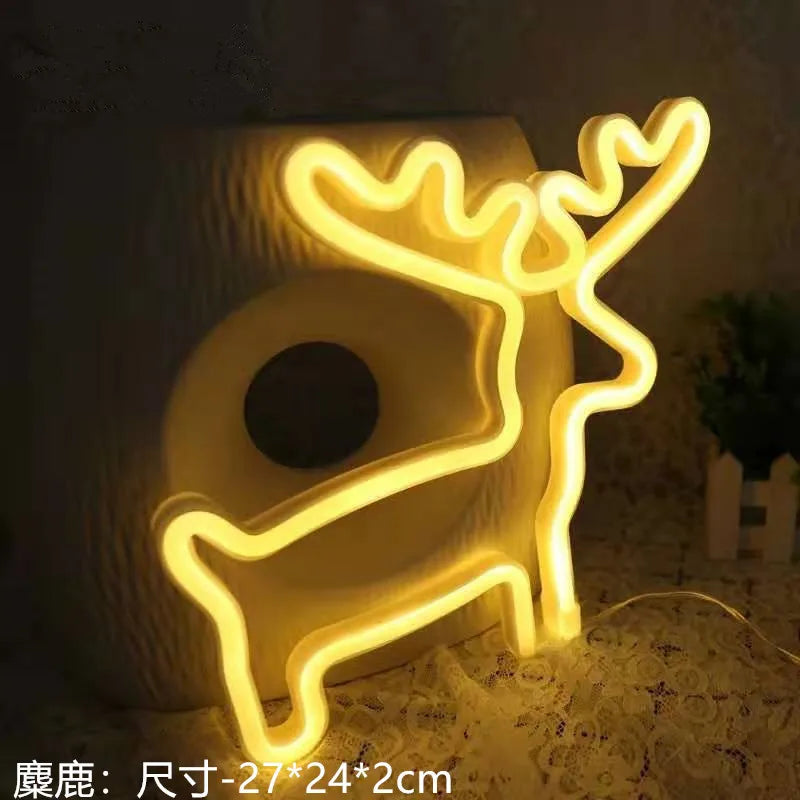 Christmas Neon Night Light Hanging Tree Decoration Lights Bells Elk Snowflake Sign Light Gift for Children USB Battery powered