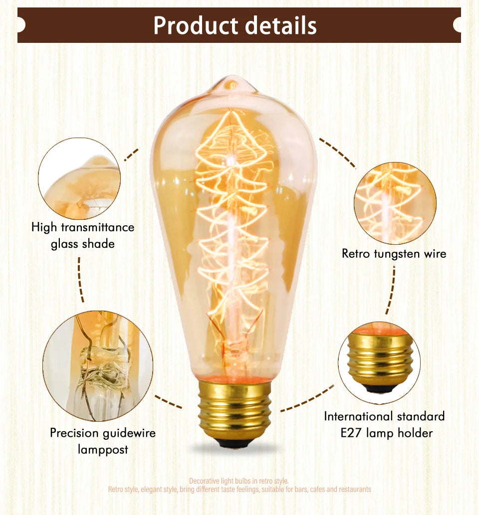 6pcs/lot Retro Edison Bulb C35 T45 ST64 G80 G95 A60 Filament Light 40W E27 Vintage Ampoule Incandescent Lamp Decorative Lights
