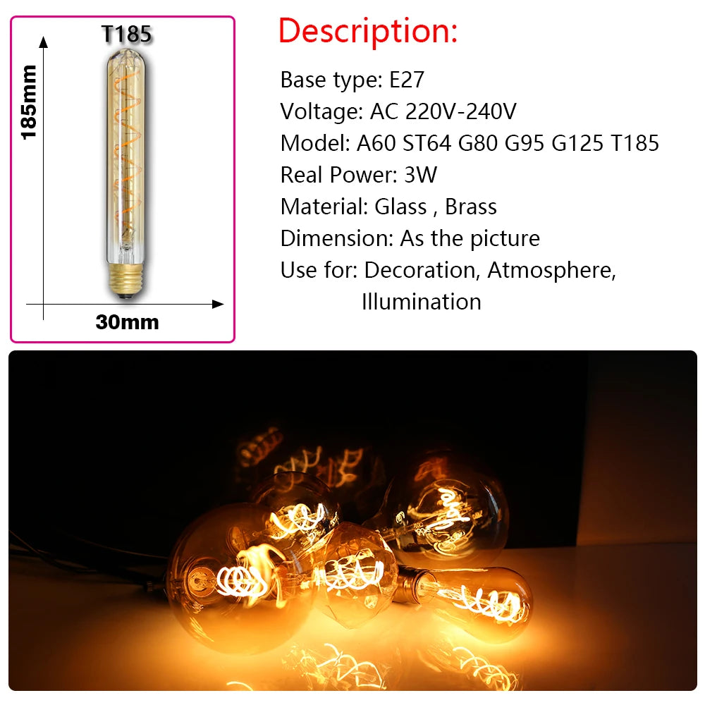 Retro Edison E27 E14 LED Light Bulb 220V Diamond Love ST64 A60 G80 G95 G125 T185 Vintage Glass Bulb Lamp For Home Decor Lighting