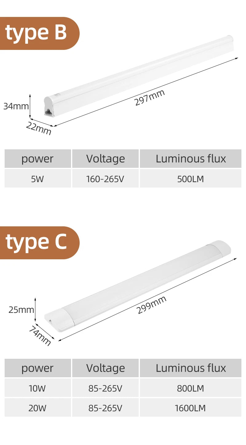 T5 T8 Led Tube Light 220V 30cm 60cm 120cm Wall Lamp Bulb Light Lampada 20W Tobe lampa 2FT 4FT For Home Indoor Kitchen Lighting