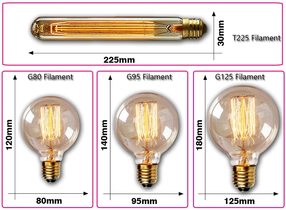 Dimmable Retro Edison Light Bulb E27 AC 220V 110V 40W Vintage Industrial Decor Filament Bulb Lamps A19 ST64 T10 T45 G80 G95 G125