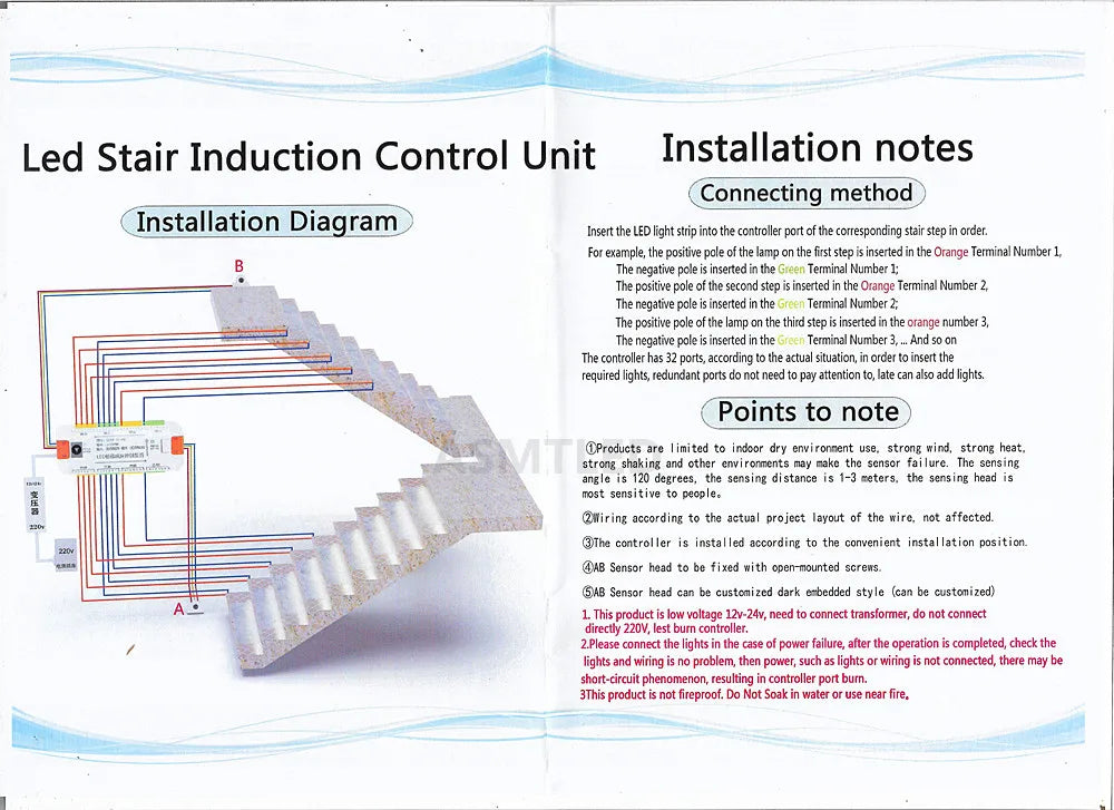 Stair PIR Motion Sensor LED Strip 12V SMD 5050 Lamp Tape + 32 Channels Staircase Step Controller + Power Supply + Connect Wire