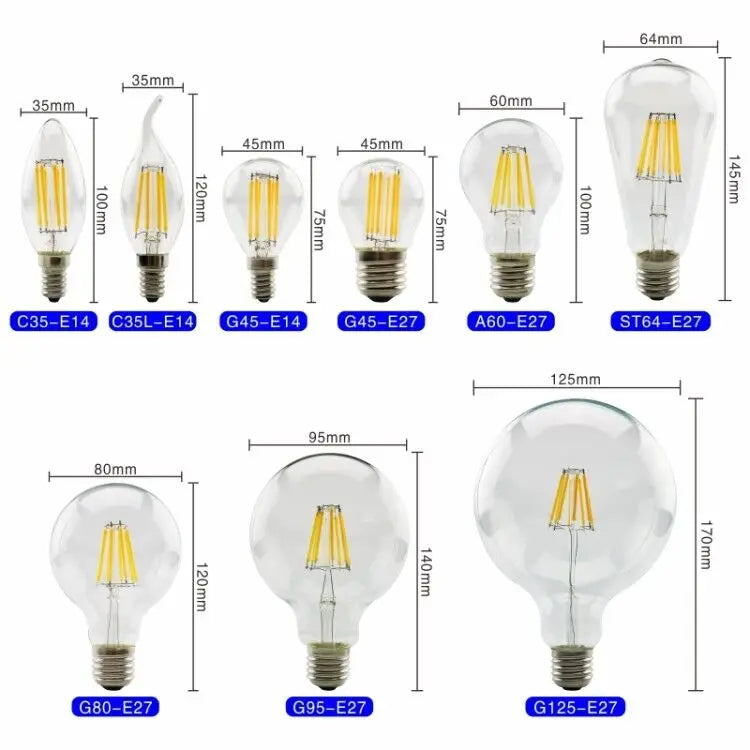 LED Filament Bulb E27 E14 Retro Edison Lamp 220V-240V Light Bulb C35 G45 A60 ST64 G80 G95 G125 Glass Bulb Vintage Candle Light