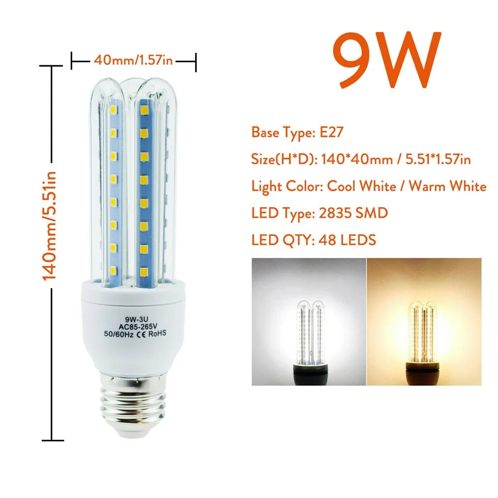 Energy Saving E27 LED Corn Light Bulbs 3W 5W 7W 9W 12W U Tube Fluorescent Neon Flood Lights 220V 110V Home Lamps 360° Lighting