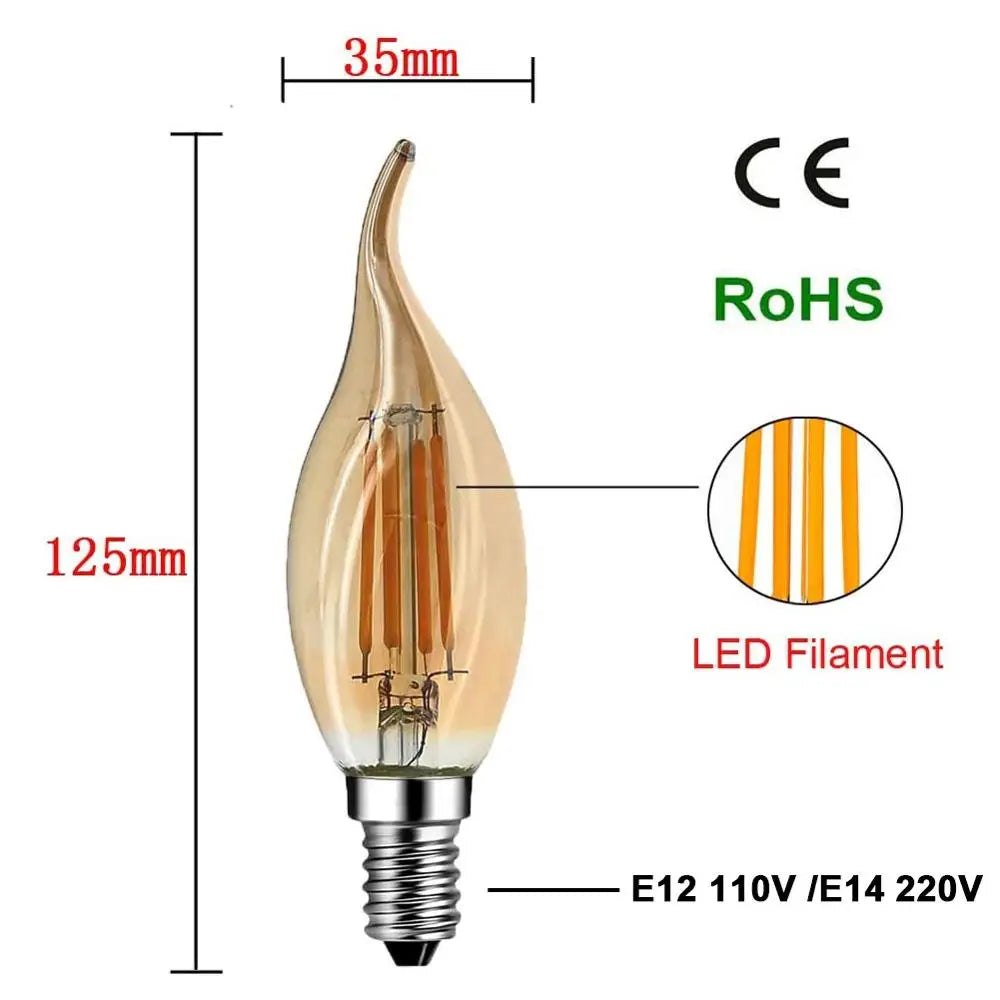 Grensk 4W Dimmable LED Filament Candle Light Bulb 2700K E14 Candelabra Base Flame Shape Bent Tip 25W Incandescent Equivalent C35