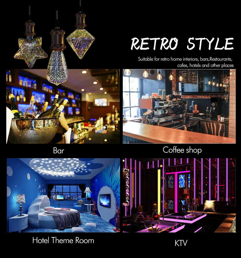 LED Light Edison Bulb 3D Decoration Bulb AC 110V 220V A60 ST64 G95 G80 G125 E27 Holiday Lights Novelty Christmas Lamp Lamparas