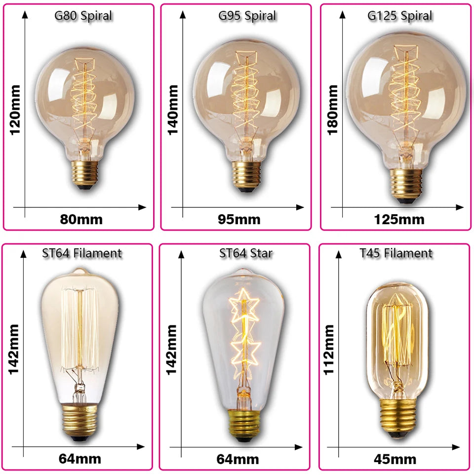 Dimmable Retro Edison Light Bulb E27 AC 220V 110V 40W Vintage Industrial Decor Filament Bulb Lamps A19 ST64 T10 T45 G80 G95 G125