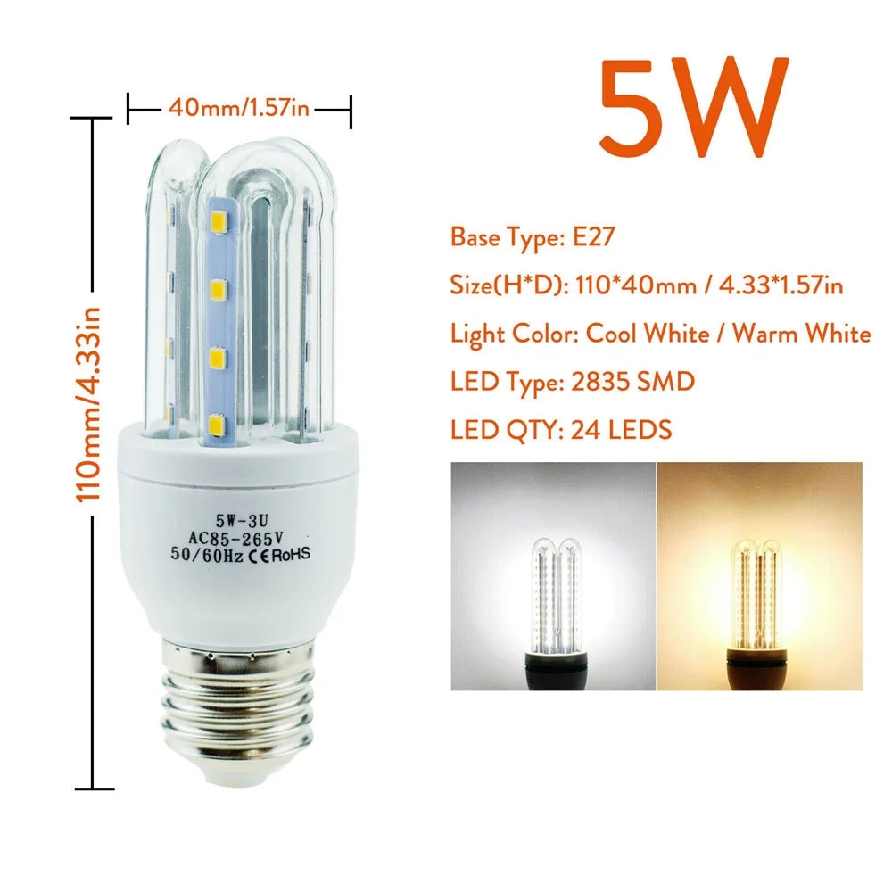 Energy Saving E27 LED Corn Light Bulbs 3W 5W 7W 9W 12W U Tube Fluorescent Neon Flood Lights 220V 110V Home Lamps 360° Lighting