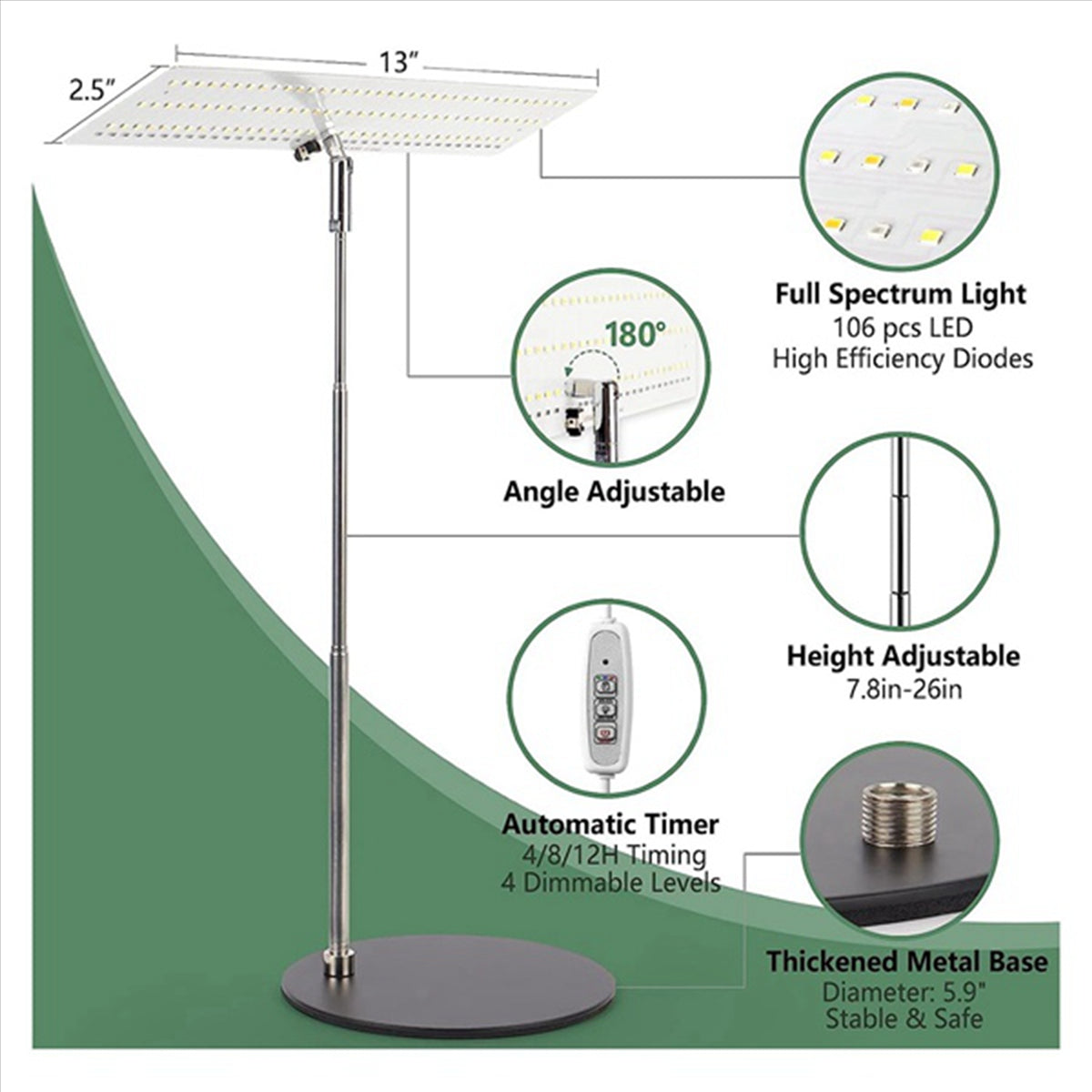 Grow Light, Full Spectrum LED Plant Light for Plants, Height Adjustable Growing Lamp with Auto On/Off Timer 4H/8H/12H