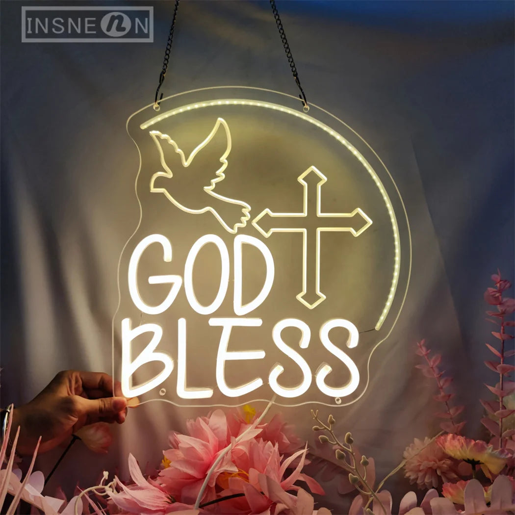 God Bless Neon Sign 3D Engraving LED Wall Decor Neon Sign Lights for Party Home Neon Lighting Sign Baptism Decoration Gifts USB
