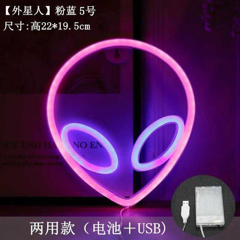 Planet LED Lights Neon Rocket Alien Bedroom Decor Night Lamp for Rooms Wall Art Bar Party Battery Powered with Stand