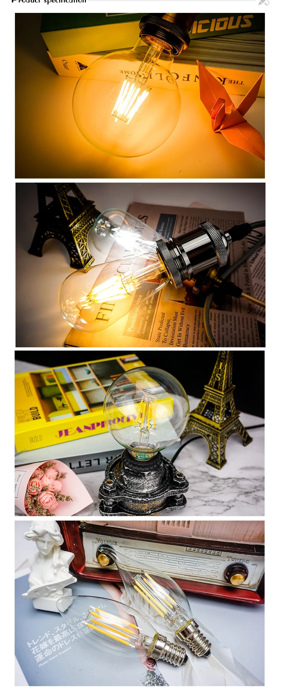 LED Filament Bulb E27 Retro Edison Lamp 220V 2W 4W 6W 8W E14 Vintage Candle Light Globe Chandelier Lighting COB Home Decor Light