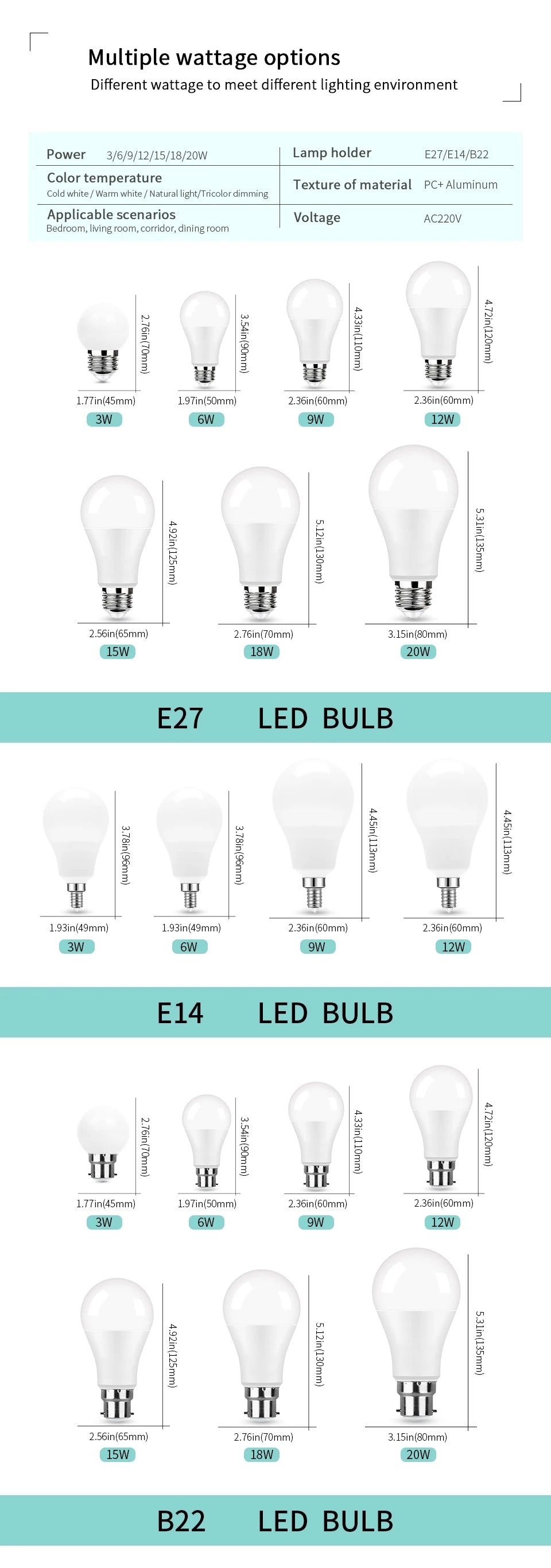 8Pcs/Lot Ampoule LED Bulb E27 E14 3W 5W 7W 9W 12W 15W 18W Smart IC LED lamp Light Cold White White Lampada Bombilla Lamp